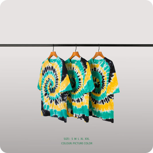 Three-Color Vortex Psychedelic Tie-Dye Short-Sleeved High Street European And American Ins Tide Brand T-Shirt Men