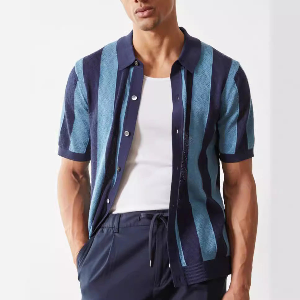 Tristan Ford | Men's Blue Striped Asymmetric Breathable Polo Shirt
