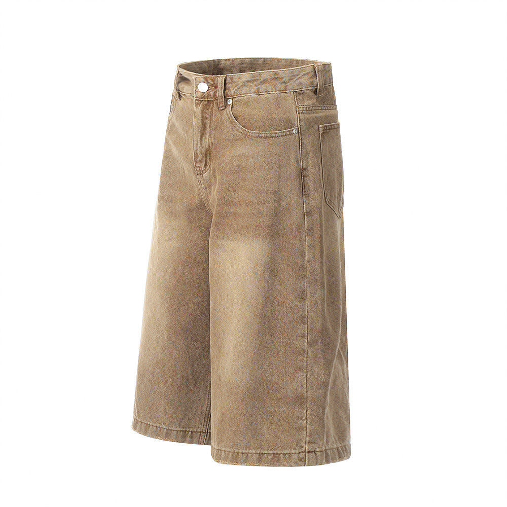 Tristan Ford | Brown Denim Cargo Shorts with Worn Finish