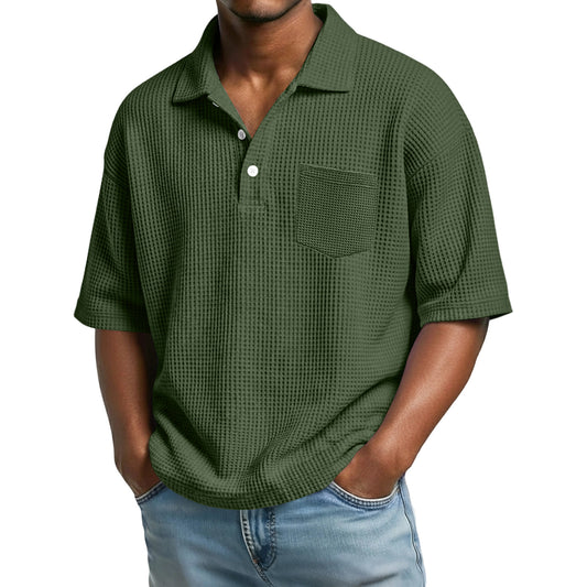 Men's Waffle-Weave Solid Color Short-Sleeve Lapel Polo Shirt