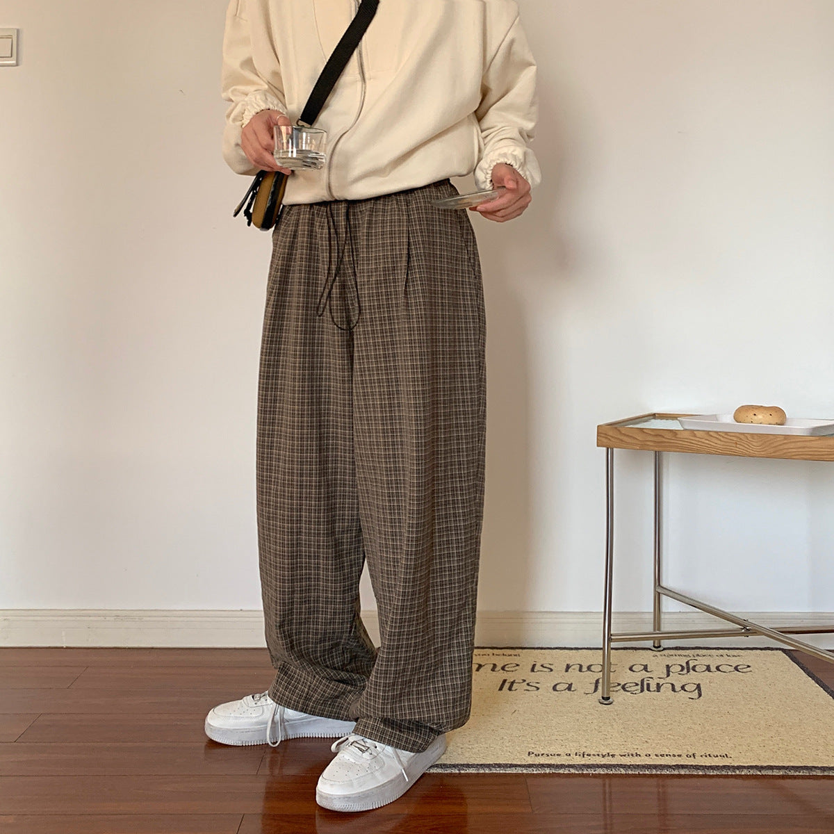 Quality Men's Casual Spring Plaid Retro Profile Trousers Elastic Waist Trendy Men Draped Pants