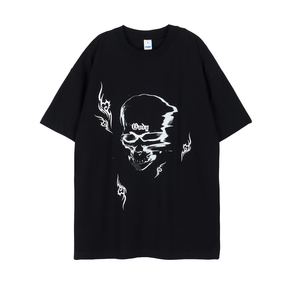 Tristan Ford | Men's Black Skull Print Loose-Fit Cotton T-Shirt