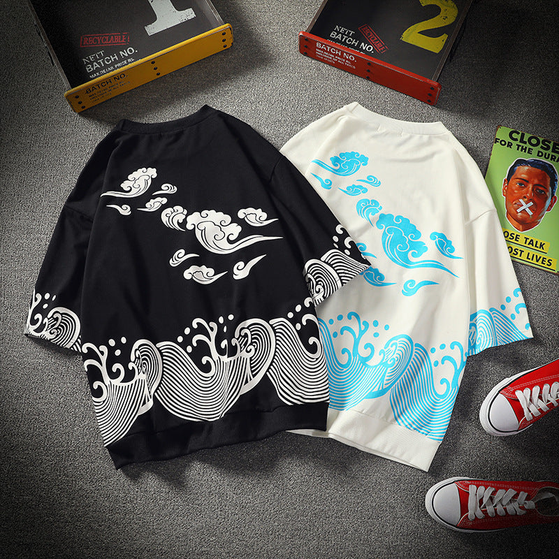 Compassionate men summer new Japanese casual fashion Chinese style wild personality five-point sleeve short-sleeved T-shirt