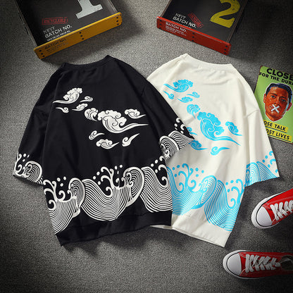 Compassionate men summer new Japanese casual fashion Chinese style wild personality five-point sleeve short-sleeved T-shirt