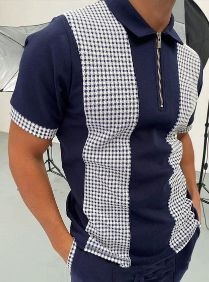 POLO Shirt Zipper Check Color Block Men's T-shirt
