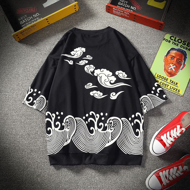 Compassionate men summer new Japanese casual fashion Chinese style wild personality five-point sleeve short-sleeved T-shirt