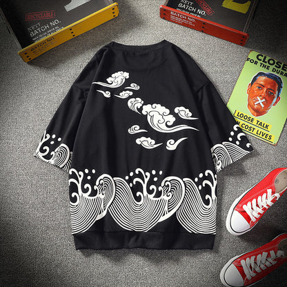 Compassionate men summer new Japanese casual fashion Chinese style wild personality five-point sleeve short-sleeved T-shirt