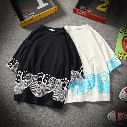 Compassionate men summer new Japanese casual fashion Chinese style wild personality five-point sleeve short-sleeved T-shirt