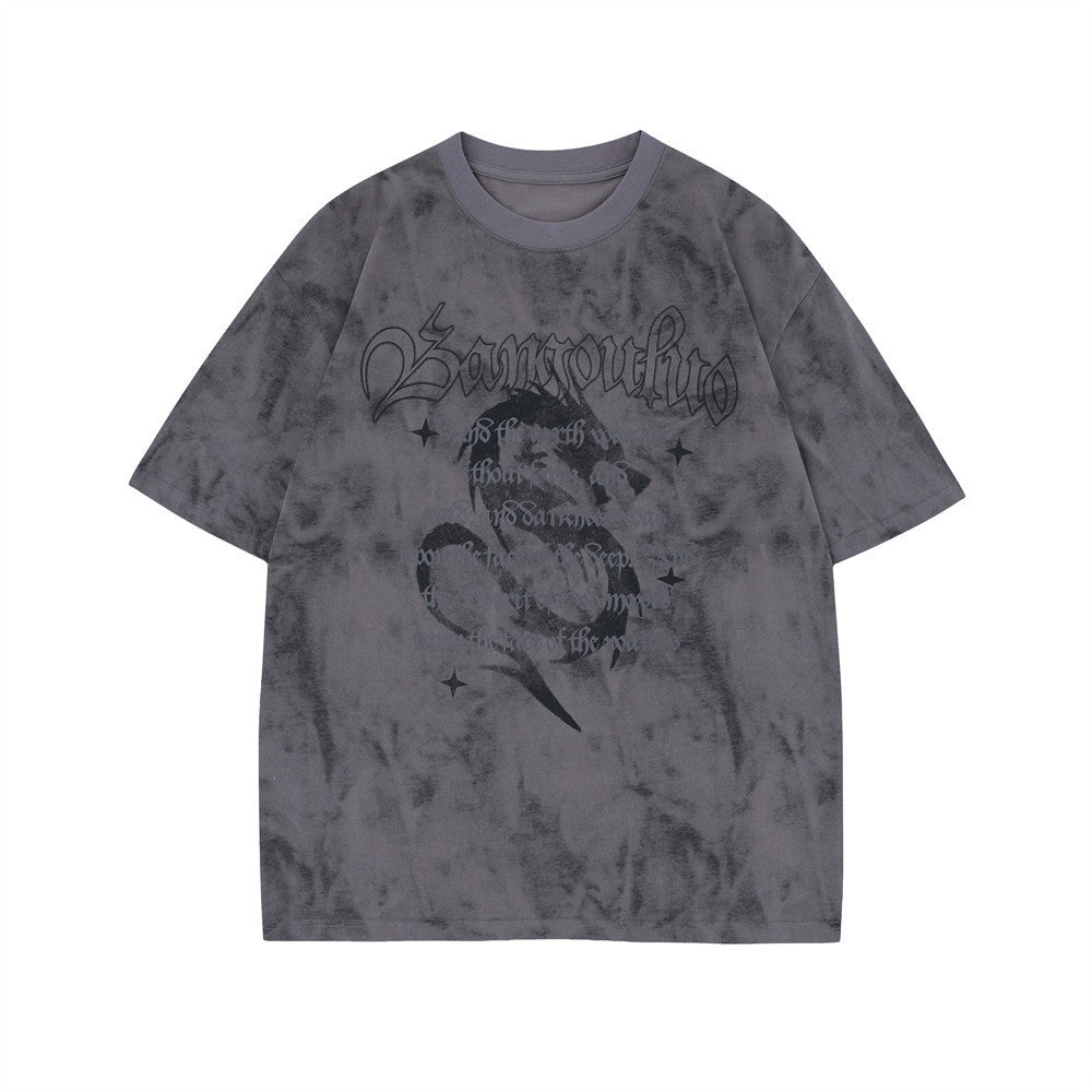 Letter Dragon Tie-dyed Printed Short-sleeved T-shirt For Men