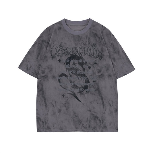 Letter Dragon Tie-dyed Printed Short-sleeved T-shirt For Men