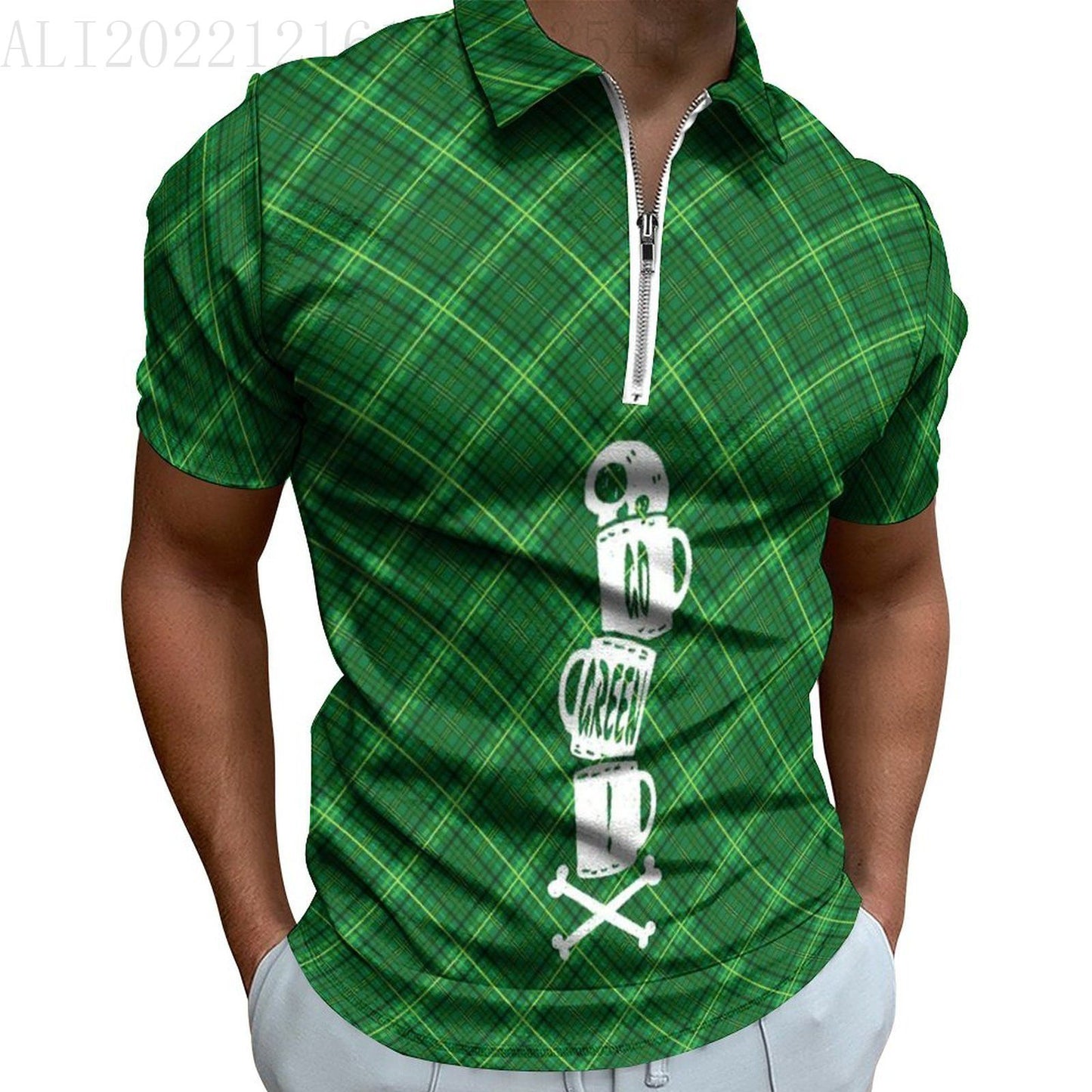 Digital 3D Print Holiday Beach Lapel Zipper Short Sleeve Polo Shirt T-shirt