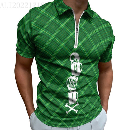 Digital 3D Print Holiday Beach Lapel Zipper Short Sleeve Polo Shirt T-shirt