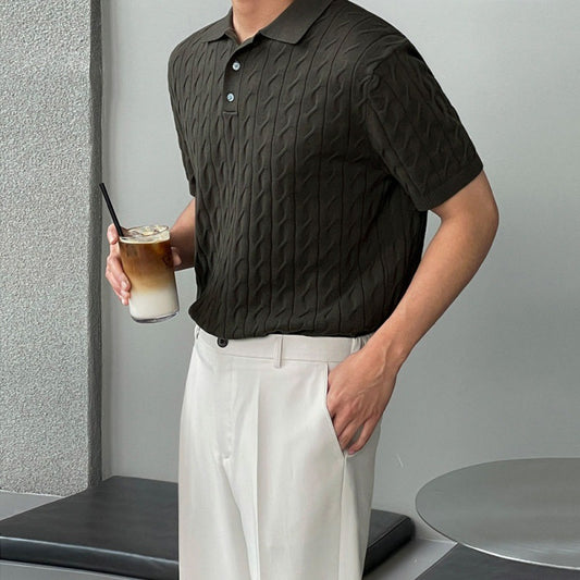Thin Lapels Knitted Short Sleeve Men's Loose Polo Shirt Half Sleeve T-shirt