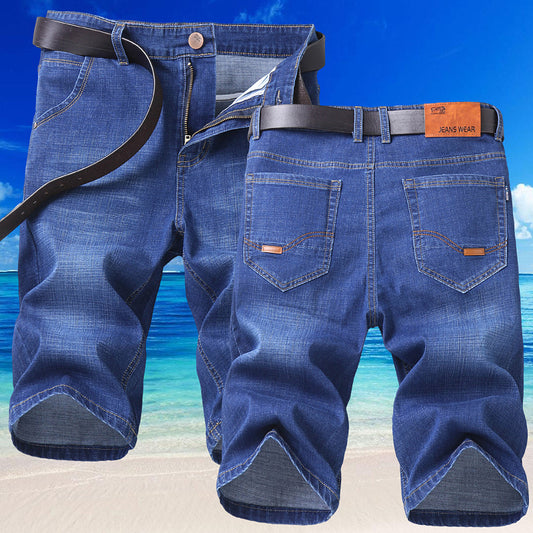 Jeans Shorts Men Elastic Straight Denim Mid Waist Loose Shorts