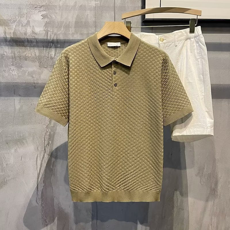 Ice Silk Breathable Lapels Polo Shirt Plaid Top Men's Clothing