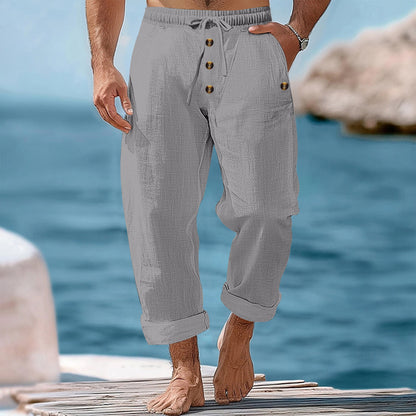 American Beach Pants Solid Color Cotton Linen Loose Drawstring Button Casual Trousers Men