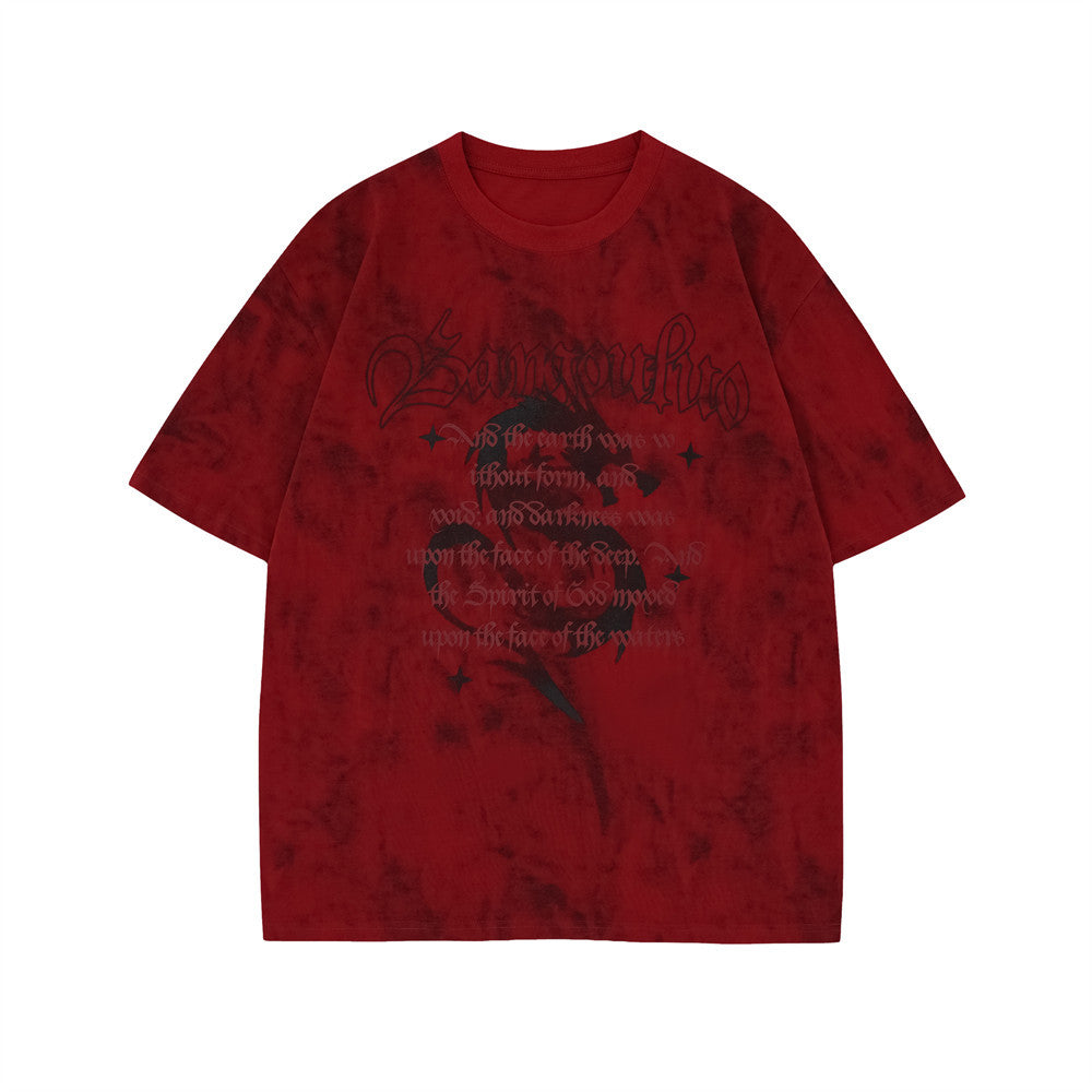 Letter Dragon Tie-dyed Printed Short-sleeved T-shirt For Men