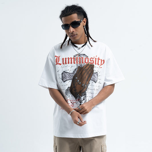 Vintage Cross Letter Printed Loose Short Sleeve T-shirt Men
