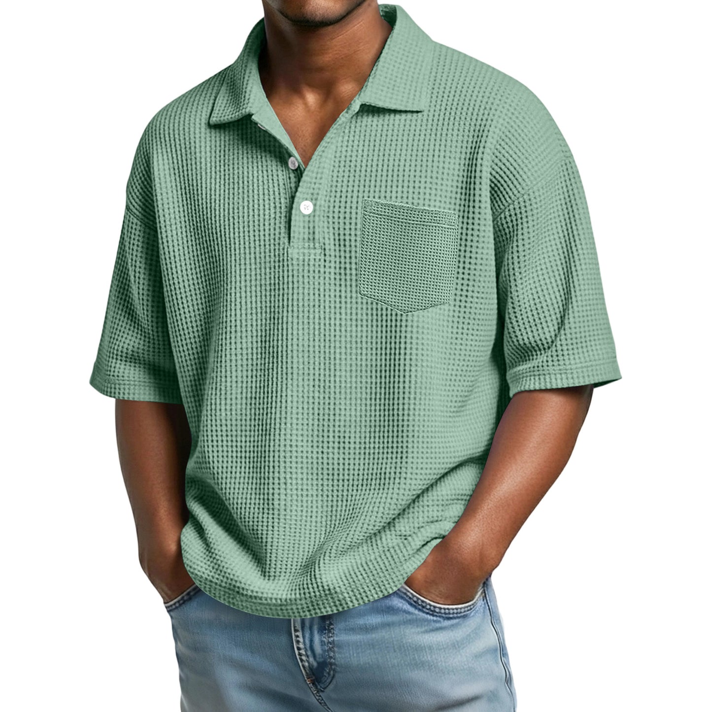 Men's Waffle-Weave Solid Color Short-Sleeve Lapel Polo Shirt