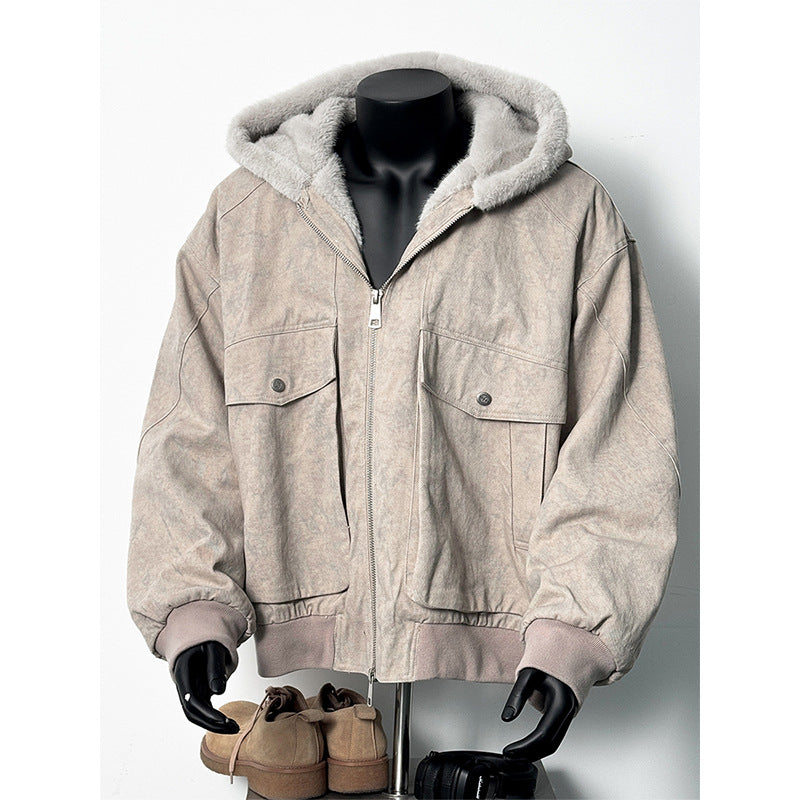 Tristan Ford | Men's Wheat Gray Retro Marble-Textured Padded Hooded Jacket