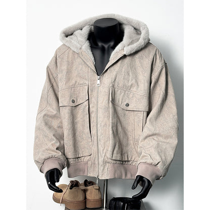 Tristan Ford | Men's Wheat Gray Retro Marble-Textured Padded Hooded Jacket