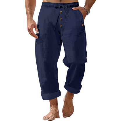 American Beach Pants Solid Color Cotton Linen Loose Drawstring Button Casual Trousers Men