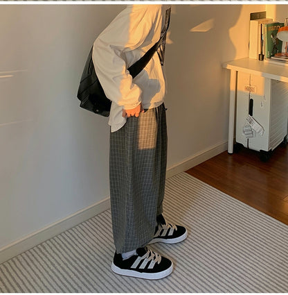Quality Men's Casual Spring Plaid Retro Profile Trousers Elastic Waist Trendy Men Draped Pants