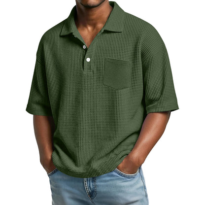 Men's Waffle-Weave Solid Color Short-Sleeve Lapel Polo Shirt