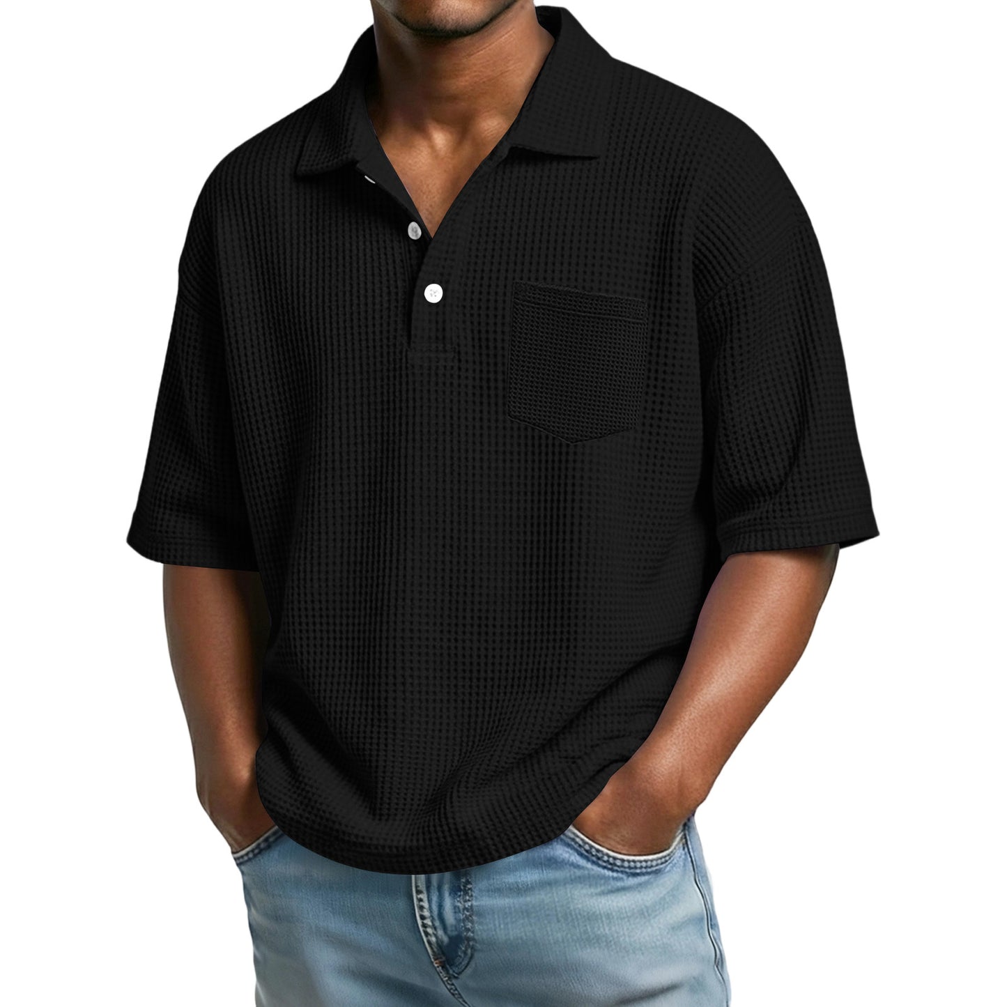 Men's Waffle-Weave Solid Color Short-Sleeve Lapel Polo Shirt