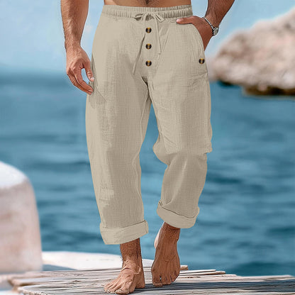 American Beach Pants Solid Color Cotton Linen Loose Drawstring Button Casual Trousers Men