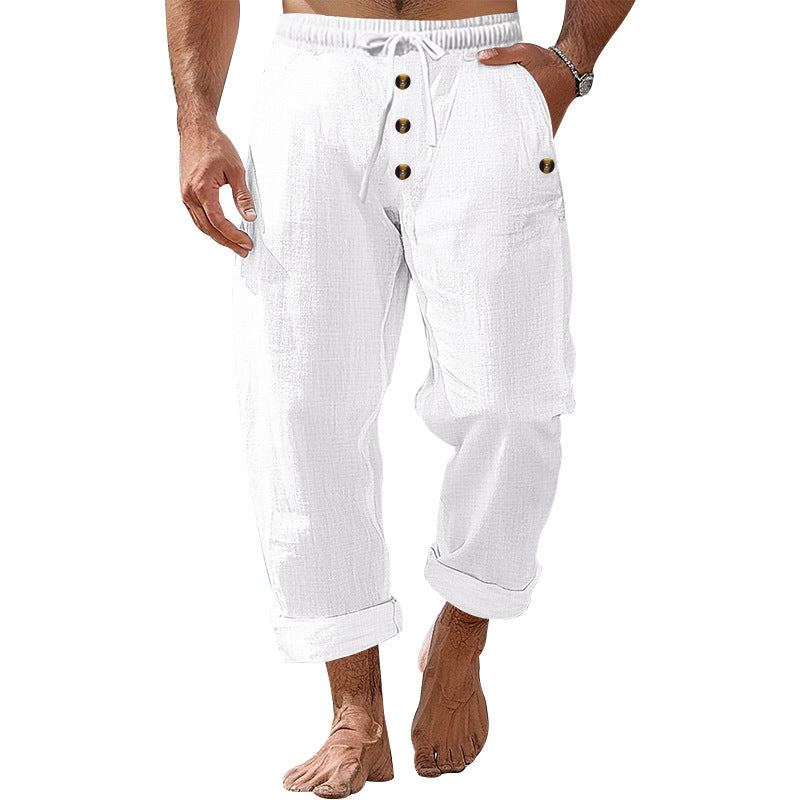 American Beach Pants Solid Color Cotton Linen Loose Drawstring Button Casual Trousers Men