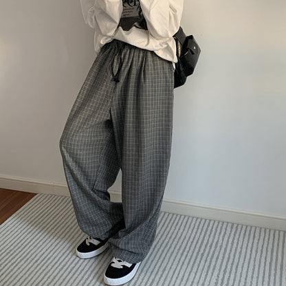 Quality Men's Casual Spring Plaid Retro Profile Trousers Elastic Waist Trendy Men Draped Pants