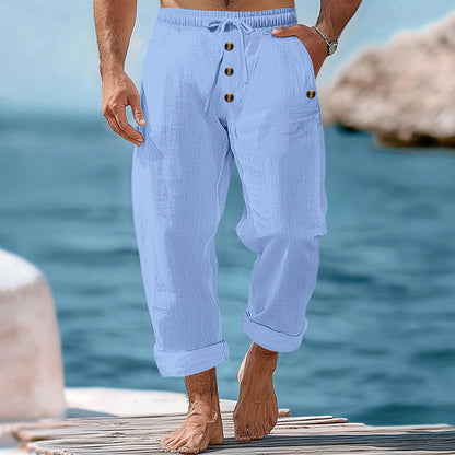 American Beach Pants Solid Color Cotton Linen Loose Drawstring Button Casual Trousers Men