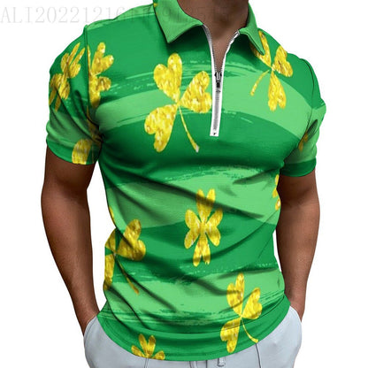 Digital 3D Print Holiday Beach Lapel Zipper Short Sleeve Polo Shirt T-shirt