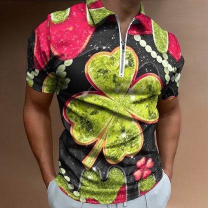 Digital 3D Print Holiday Beach Lapel Zipper Short Sleeve Polo Shirt T-shirt