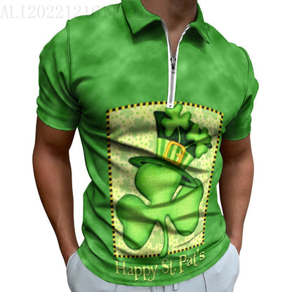 Digital 3D Print Holiday Beach Lapel Zipper Short Sleeve Polo Shirt T-shirt