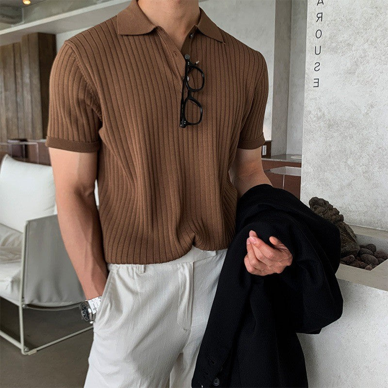 Men's Knitted T-shirt Solid Color Thin Loose Casual Polo Collar Polo Shirt