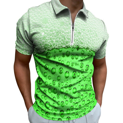 Digital 3D Print Holiday Beach Lapel Zipper Short Sleeve Polo Shirt T-shirt