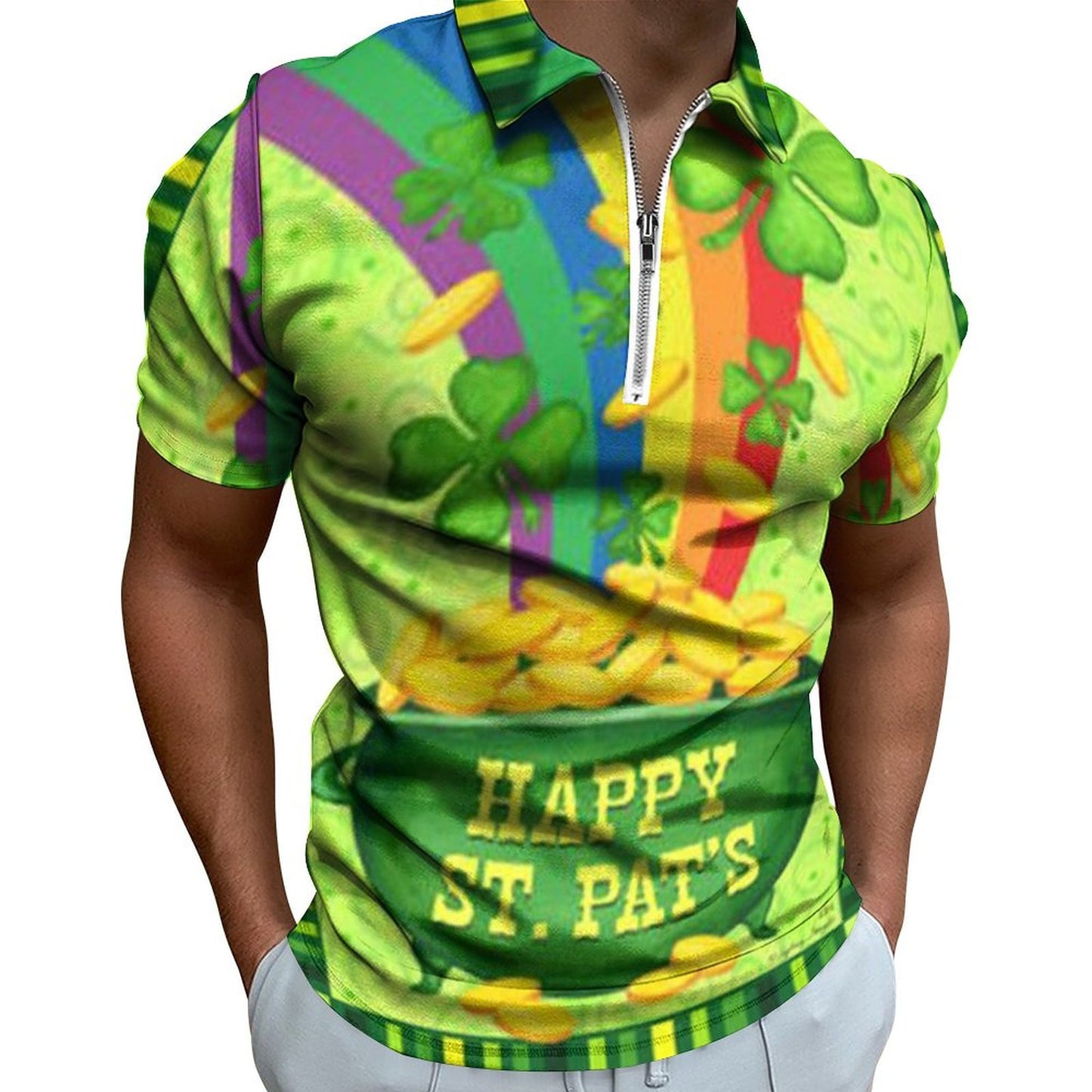 Digital 3D Print Holiday Beach Lapel Zipper Short Sleeve Polo Shirt T-shirt